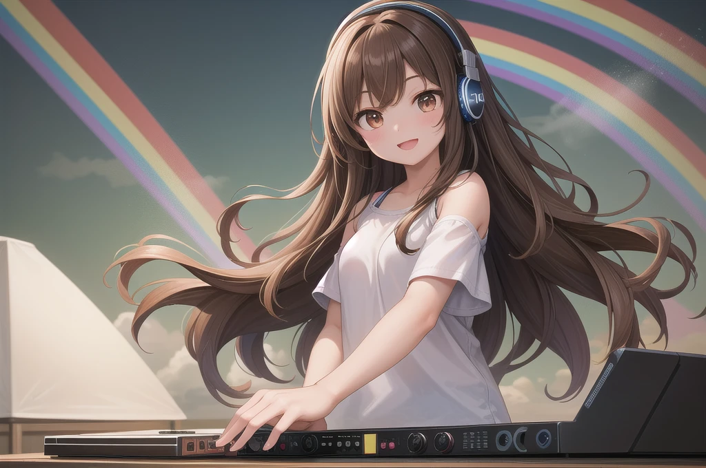 One girl, alone, 20-year-old, Brown eyes, Brown Hair, Long, beautiful wavy hair, smile, Nice casual clothes, grassland, headphone, Detailed DJ equipment, djing, Beautiful rainbow, masterpiece, Fine Fingers, 最high quality:1.4, high quality, detailed,