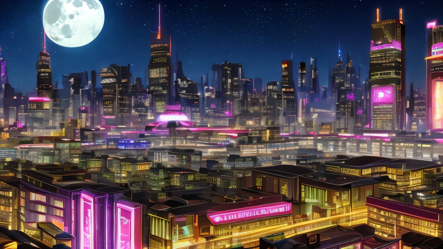 a futuristic punk city with a lot of buildings and neon lights, a train crossing the city with neon lights, the moon is in the sky and there are a lot of stars