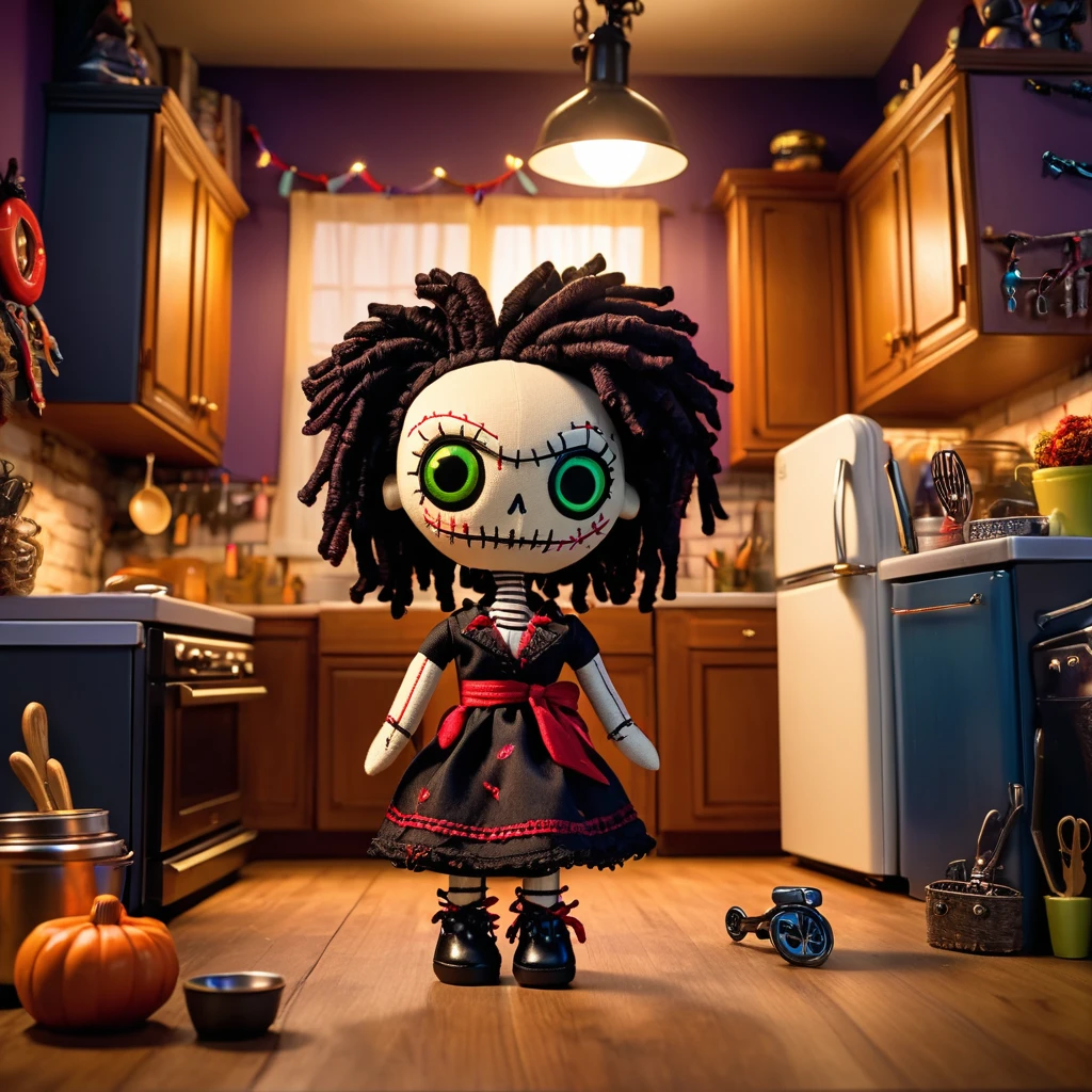 (crocheted voodoo doll:1.7), (voodoo Monica Geller from Friends:1.3), (Clothing: immaculate 90s attire, tailored and clean:1.0), (Accessories: enchanted cleaning products:1.1), (Background: immaculate Friends apartment kitchen with pots and pans, glowing fridge magnets, and a sense of organized perfection:1.2), best quality, masterpiece, detailed soft oil painting, detailed background, dramatic cinematic lighting, soft edge lighting, professional, dramatic lighting, hard edge lighting, ultra quality, 4k,masterpiece, best quality, 8k, ultra highres, highres, extremely detailed