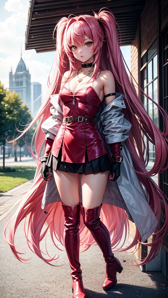 ultra quality, young woman, high, bright skin, pink hair,loose hair,long hair,t-shirt,strappy, slim, topic, skirt,Delete,coat,thigh high boots,red boots,white eyes, Autumn, bracelets, park, Height,piquancy,Exquisitely,long gloves,to the elbow,open shoulders,necklace, for the whole growth.