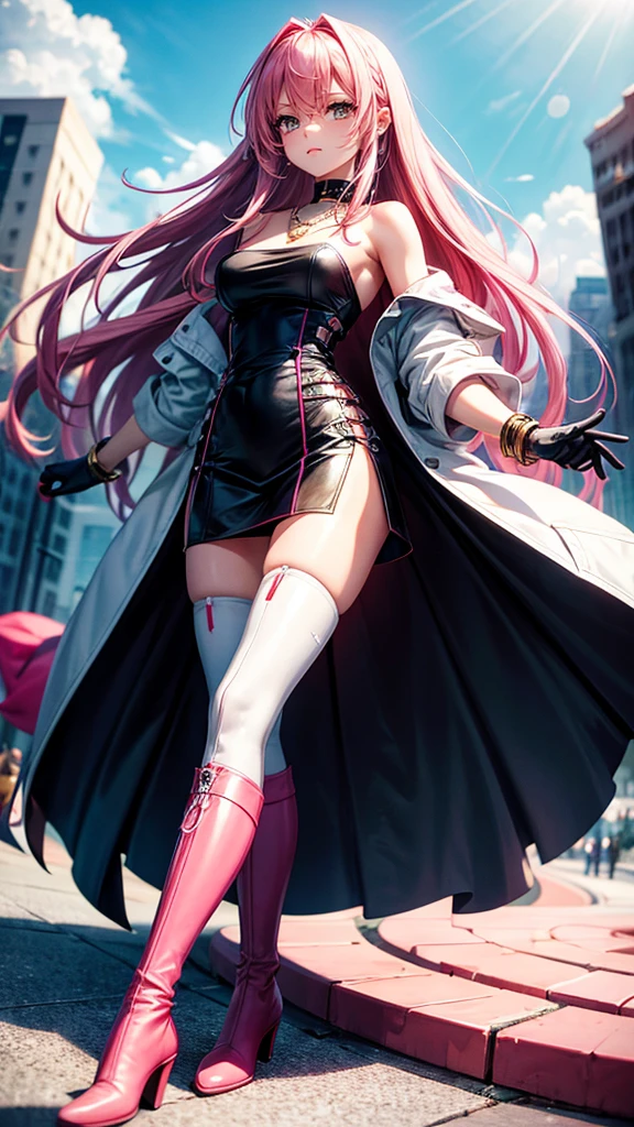 ultra quality, young woman, high, bright skin, pink hair,loose hair,long hair,t-shirt,strappy, slim, topic, skirt,Delete,coat,thigh high boots,red boots,white eyes, Autumn, bracelets, park, Height,piquancy,Exquisitely,long gloves,to the elbow,open shoulders,necklace, for the whole growth.