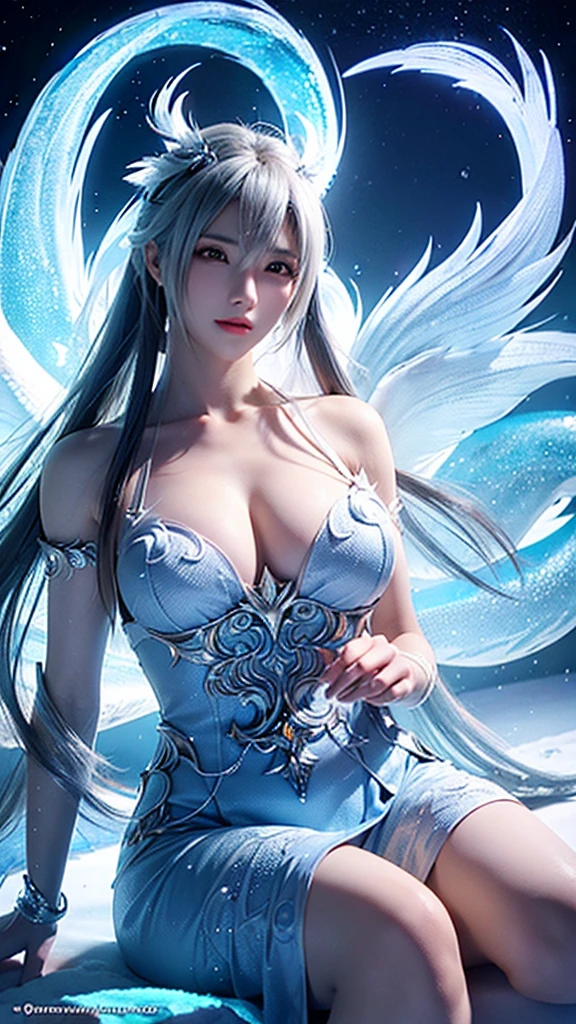 The upper body is covered with frost, final fantasy 7 ((Summoned beast phoenix)), (Ice Crystal Peacock), beautiful oriental woman, 8K, Chinese (Phoenix Tribulation), flight, iceberg, snowstorm, night