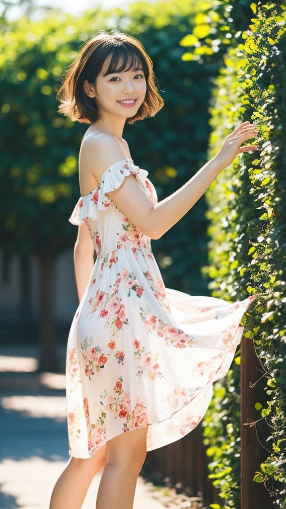 masterpiece, highest quality, disorganized, perfect anatomy, 1 girl, alone, pascal tales, short hair, beautiful, Hilarious, sunny day, botanical garden, Summer winds, sundress, Floral, wavy hair, smile