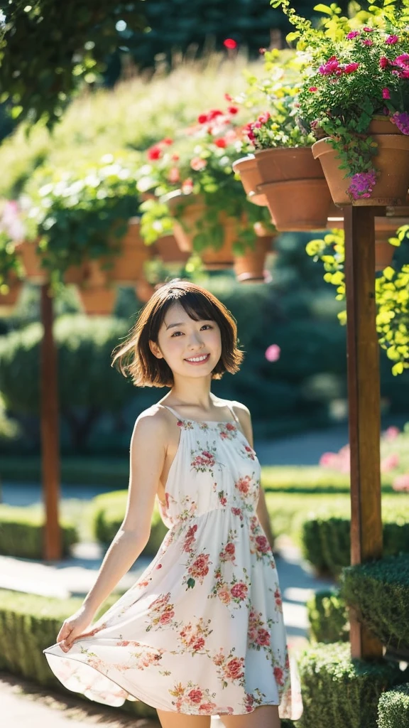 masterpiece, highest quality, disorganized, perfect anatomy, 1 girl, alone, pascal tales, short hair, beautiful, Hilarious, sunny day, botanical garden, Summer winds, sundress, Floral, wavy hair, smile