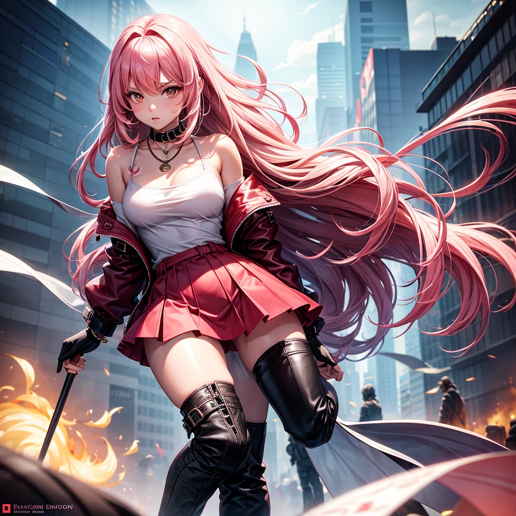 ultra quality, young woman, high, bright skin, pink hair,loose hair,long hair,t-shirt,strappy, slim, topic, skirt,Delete,coat,thigh high boots,red boots,white eyes, Autumn, bracelets, park, Height,piquancy,Exquisitely,long gloves,to the elbow,open shoulders,necklace, for the whole growth. 
