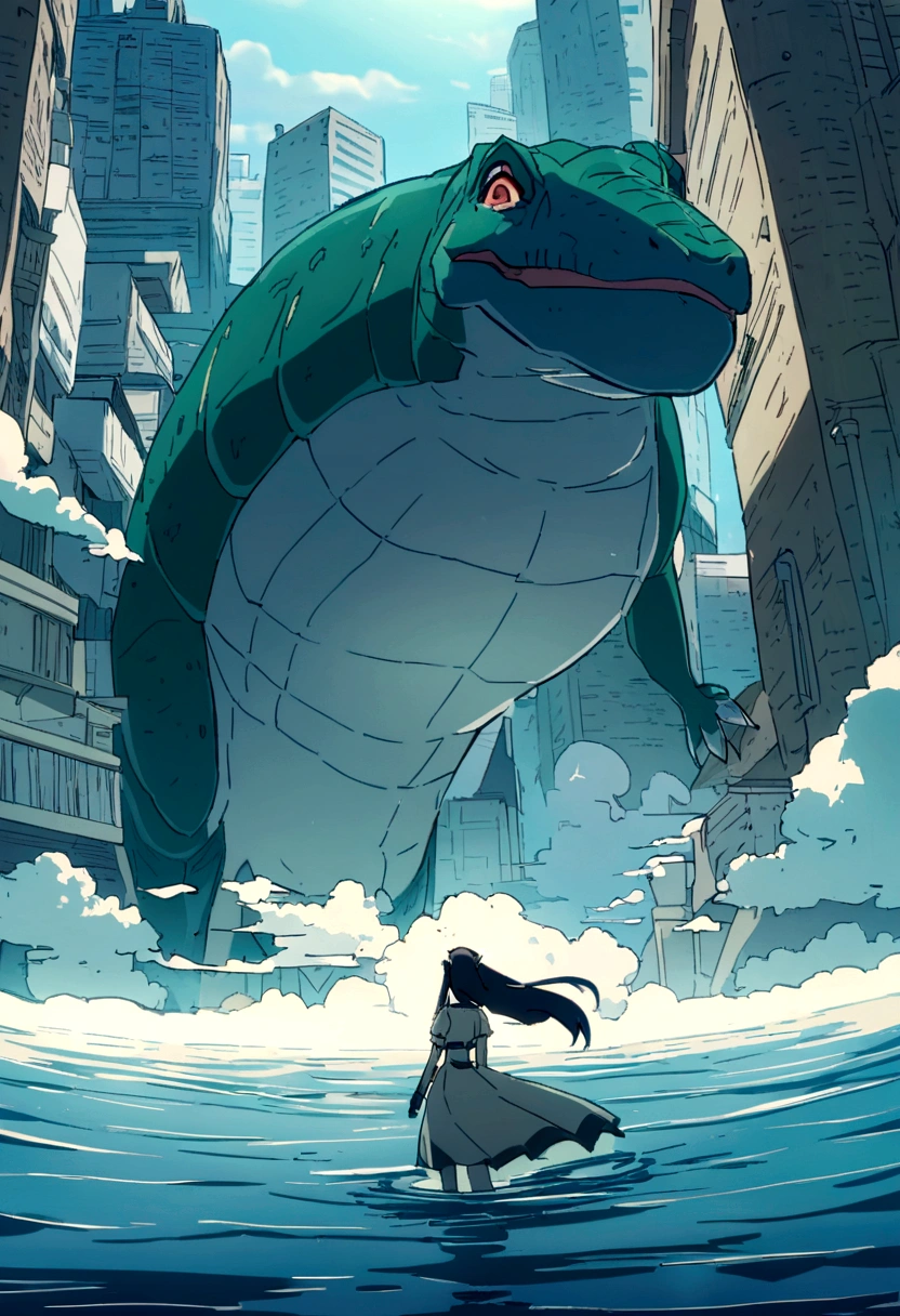 A future Earth where all land has been submerged,Sea.High resolution, Anime Style, 赤いビキニで武装しているSeaで泳いでいる, 女の子のSeaで発射できる銃を持っている, A smile aiming at the prey,Giant dinosaur-like fish,Submerged buildings in the background