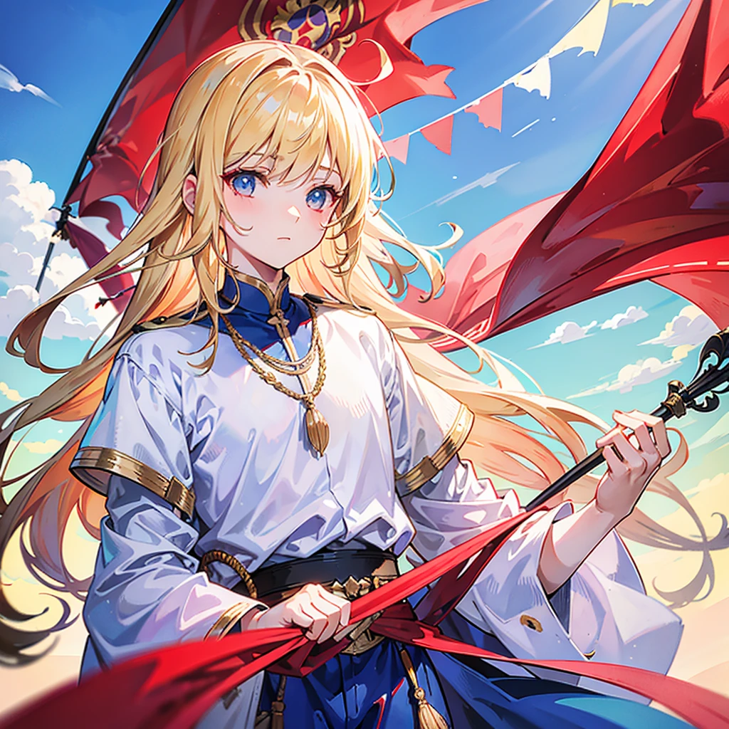 Mucha, front, portrait, boy with blond medium long hair, outdoors, backlight, soft light, medieval, France, holding red flag, looking up, red, blue, white, trousers
