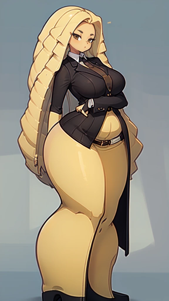 blank background, (((full body))), (masterpiece), ((best quality)), ((tall girl)), straight hair (curvy:1.9), (very short skirt), shoes, belt below navel, blonde, (black suit and tie)