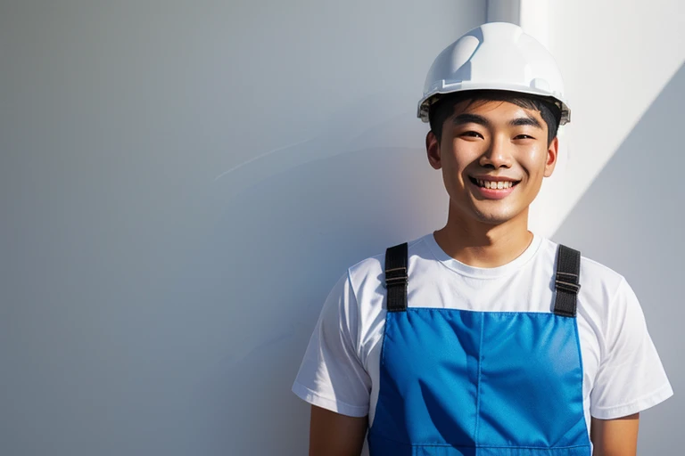 Drawing a smiling young Asian man wearing a white hard hat. The background is white
