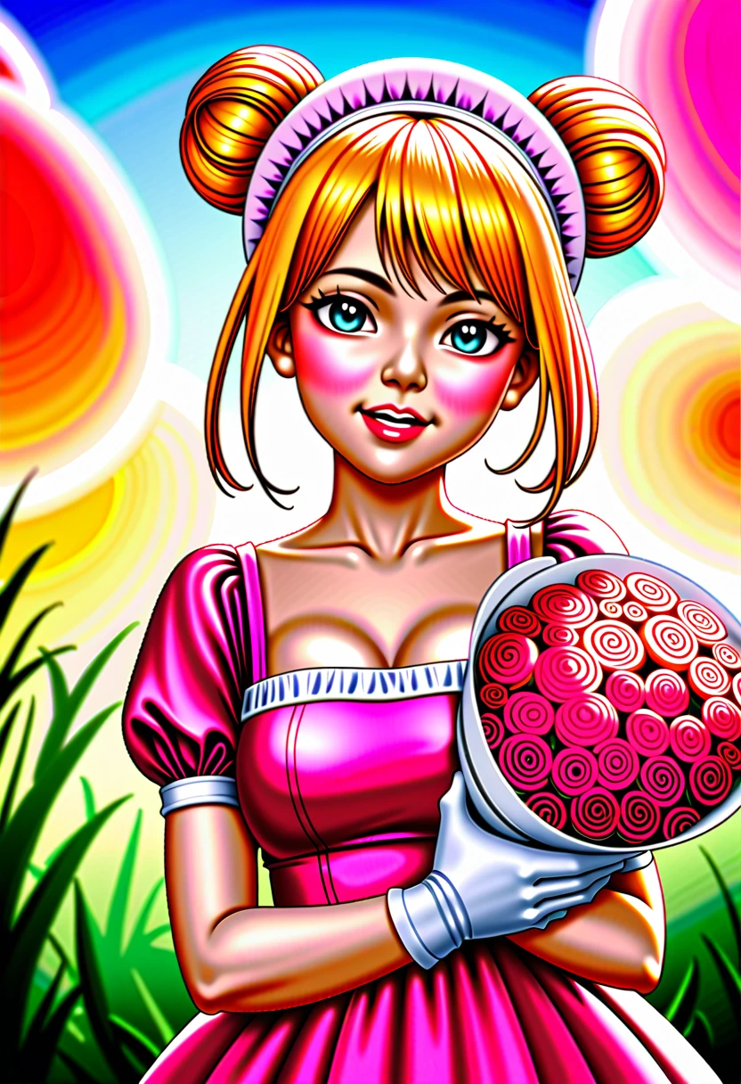 20 years old,1 girl,hyperrealistic, 8k, (extremely detailed 8k), (very delicate and beautiful), (masterpiece), (better quality:1.0), (ultra high resolution:1.0), (masterpiece, best quality), cute,blonde,cleavage cutout,(broen dress:1.3),(crop top navel:1),gleaming skin,twintails,twin bun,a pink ribbon on the head,long hair,pastel green frill Chinese-made dress,white long gloves,hold a bouquet of flowers,face and body straight at the camera,a bunch of flowers,POV,bust shot,white frill,puffy sleeves,surrounded by flowers,laugh with open mouth,tareme,sky blue eyes