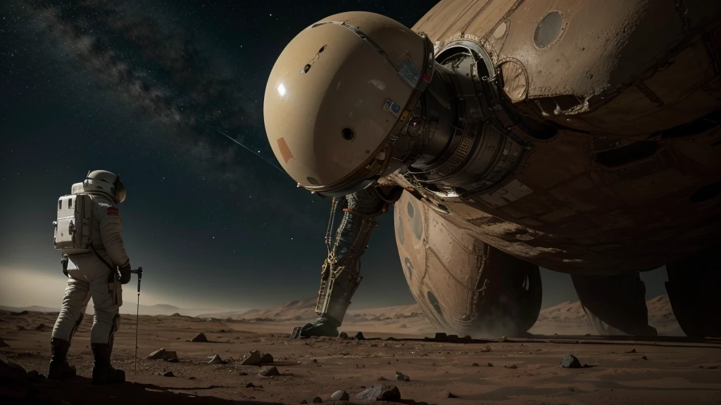 Astronaut on Mars facing a giant and strong alien