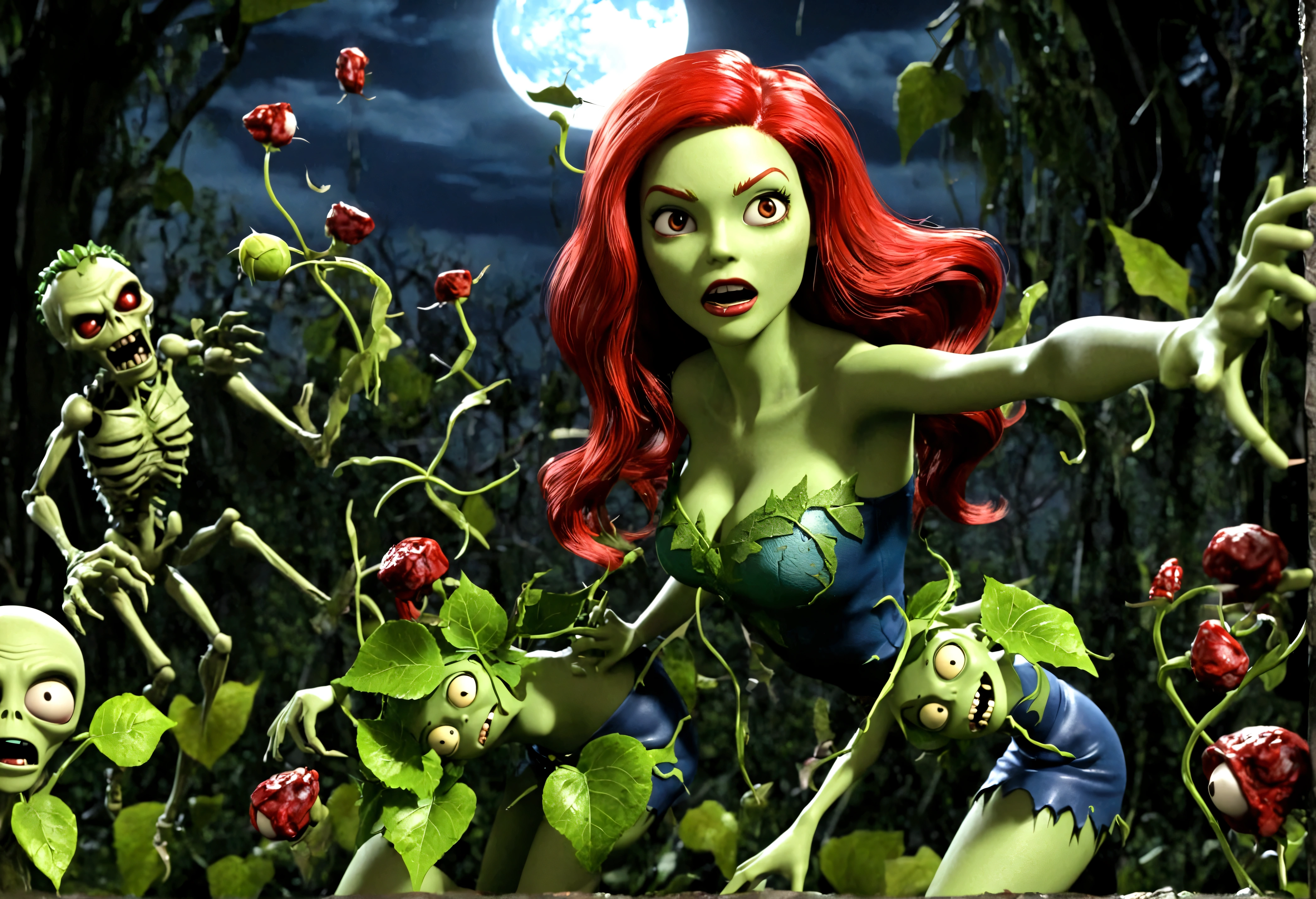 DC character 'poison ivy' has animated plant (thorn,vine,flower) beasts to demolish a horde of zombie (rotten people) emerging from a swap, moonlit swamp, show the epic battle of plants vs. zombies
