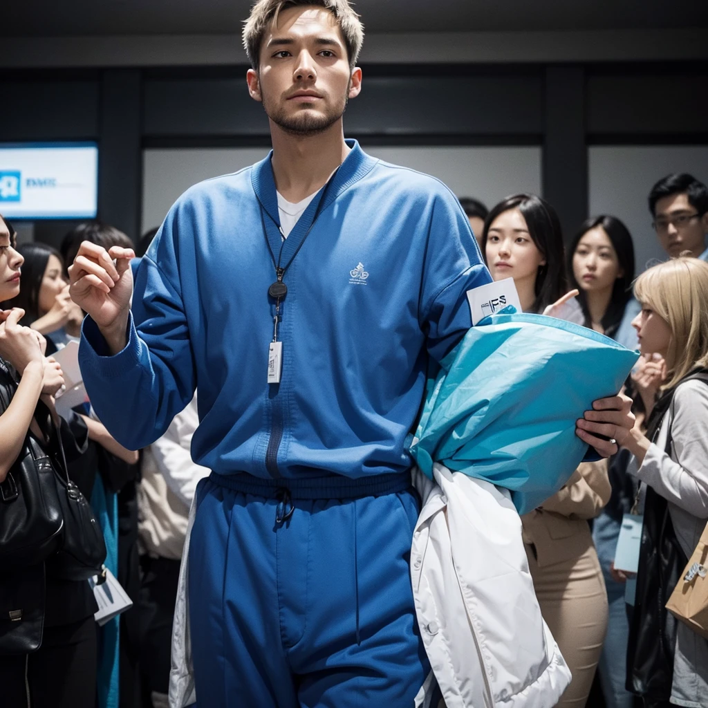 A detailed digital painting of a man representing the MBTI Consul (ESFJ) type. He is wearing a blue outfit, symbolizing his sociable and caring nature. The man has a troubled expression, showing signs of stress or concern. The background should be subtle, focusing on his emotional state. Include elements that indicate he is overwhelmed by social expectations or the needs of others, such as a crowded room or people seeking his help.