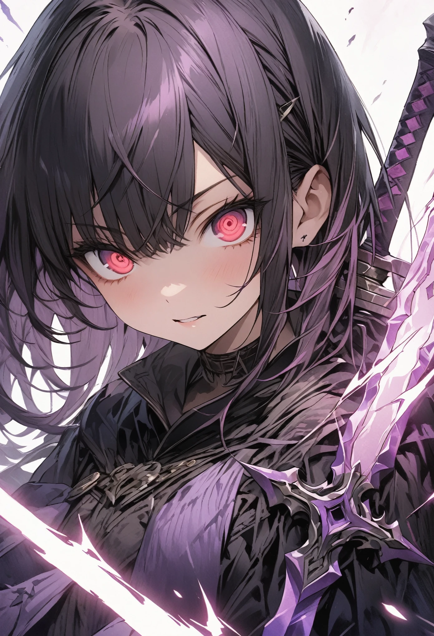 masterpiece, best quality, extremely detailed CG unity 8k wallpaper, A purple sword wrapped in lightning. It is very precisely made. An illustration of a cool girl holding an incredibly precise, high-definition, sharp, glowing sword. He is looking at you with big eyes and sharp eyes. wearing . The sword is tinged with a purple light and gives off a sense of evil. A three-dimensional illustration that gives you a sense of depth.