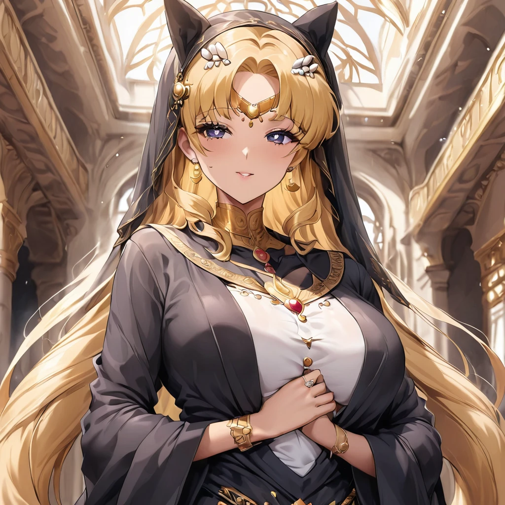 ((Highest quality)), ((masterpiece)), (detailed), (Perfect Face)、The woman is Tsukino Usagi, an Arab and devout Muslim with vivid brown skin, and is in a luxurious Islamic mansion wearing a gorgeous black abaya with gold embroidery, a gorgeous black hijab tightly covering her head, a gorgeous hair ornament, gorgeous jeweled accessories and an engagement ring. The woman and the man are in a luxurious palace, and the woman is embracing a dignified, bearded, middle-aged Arab Muslim man wearing Arab national dress.、The woman is the elegant Tsukino Usagi, with long blonde hair in a chignon twin tail, wearing a black abaya and a gorgeous black hijab tightly covering her body. She is a devout Muslim, bright brown-skinned Arab woman.、(The woman is a dark-skinned, Arab, devout Muslim named Tsukino Usagi.)、The man is a Muslim, dignified, strong-looking, bearded, middle-aged Arab man wearing traditional Arab clothing.