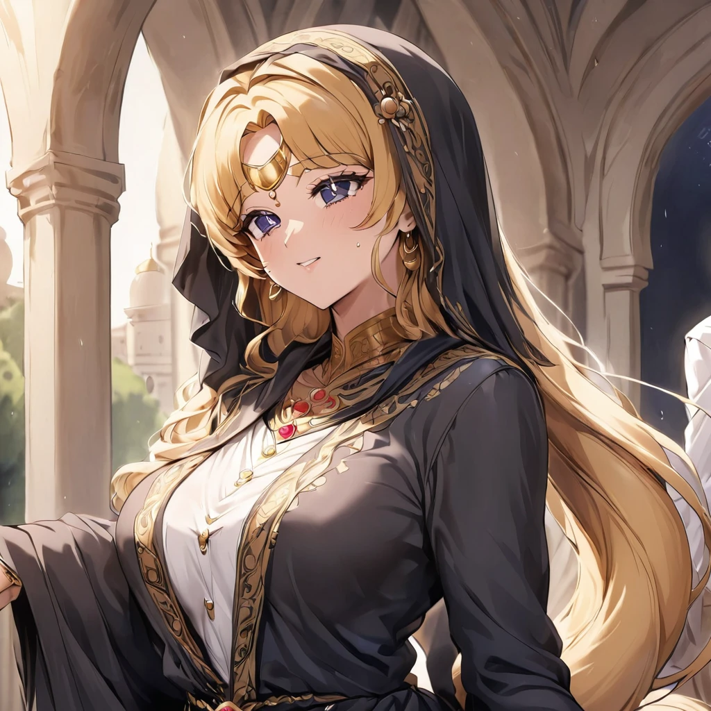 ((Highest quality)), ((masterpiece)), (detailed), (Perfect Face)、The woman is Tsukino Usagi, an Arab and devout Muslim with vivid brown skin, and is in a luxurious Islamic mansion wearing a gorgeous black abaya with gold embroidery, a gorgeous black hijab tightly covering her head, a gorgeous hair ornament, gorgeous jeweled accessories and an engagement ring. The woman and the man are in a luxurious palace, and the woman is embracing a dignified, bearded, middle-aged Arab Muslim man wearing Arab national dress.、The woman is the elegant Tsukino Usagi, with long blonde hair in a chignon twin tail, wearing a black abaya and a gorgeous black hijab tightly covering her body. She is a devout Muslim, bright brown-skinned Arab woman.、(The woman is a dark-skinned, Arab, devout Muslim named Tsukino Usagi.)、The man is a Muslim, dignified, strong-looking, bearded, middle-aged Arab man wearing traditional Arab clothing.