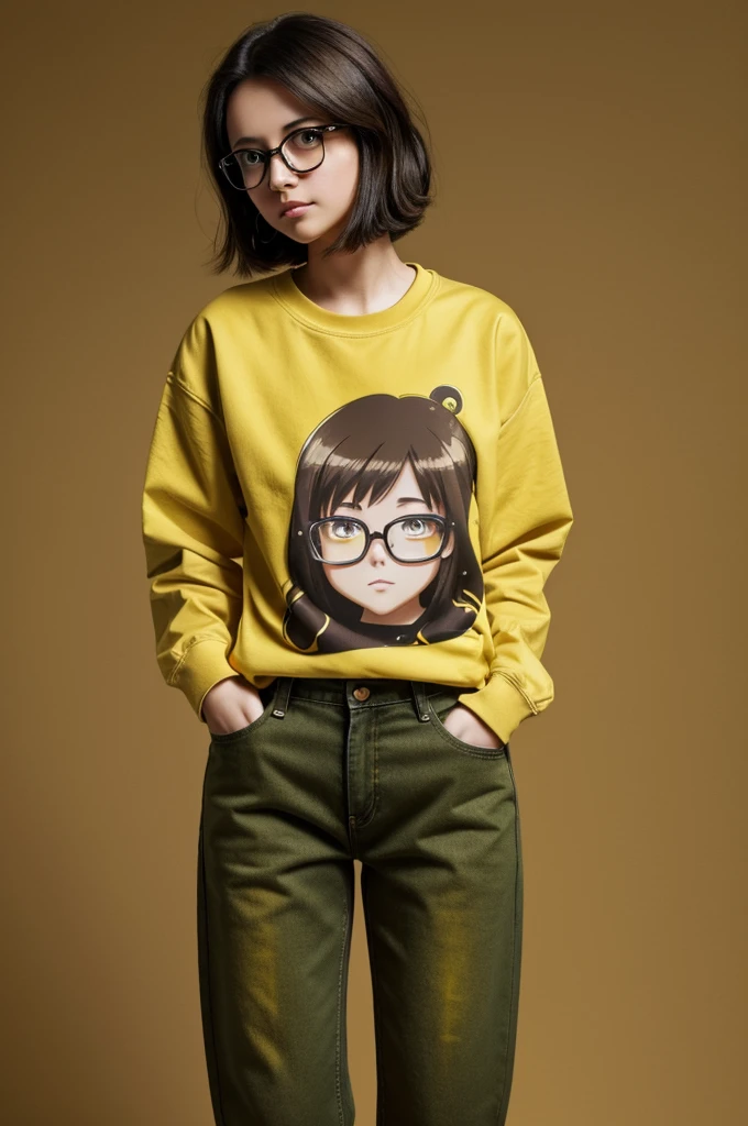 girl , dark brown hair, short hair, sad yellow yellow eyes, dark jeans pants,, olive green sweatshirt, black shirt, glasses, gold fish, dark background with bubbles, 90s anime style