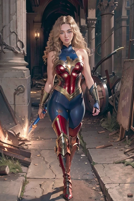 full body superheroine Brec Bassinger as  Wonder Girl blonde long wavy hair blue eyes red mouth tall muscular body big round breasts broad shoulders blue metallic shiny tight leather pants, blue metallic shiny short plunging sleeveless tops blue boots dress hero pose even a terrifying night in a ruined Gothic cathedral, a semi-dark plume of light octane render photorealistic 