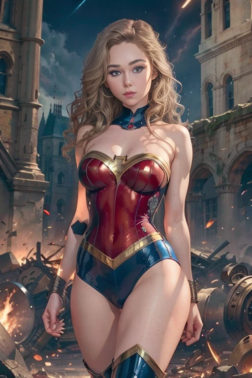 full body superheroine Brec Bassinger as  Wonder Girl blonde long wavy hair blue eyes red mouth tall muscular body big round breasts broad shoulders blue metallic shiny tight leather pants, blue metallic shiny short plunging sleeveless tops blue boots dress hero pose even a terrifying night in a ruined Gothic cathedral, a semi-dark plume of light octane render photorealistic 