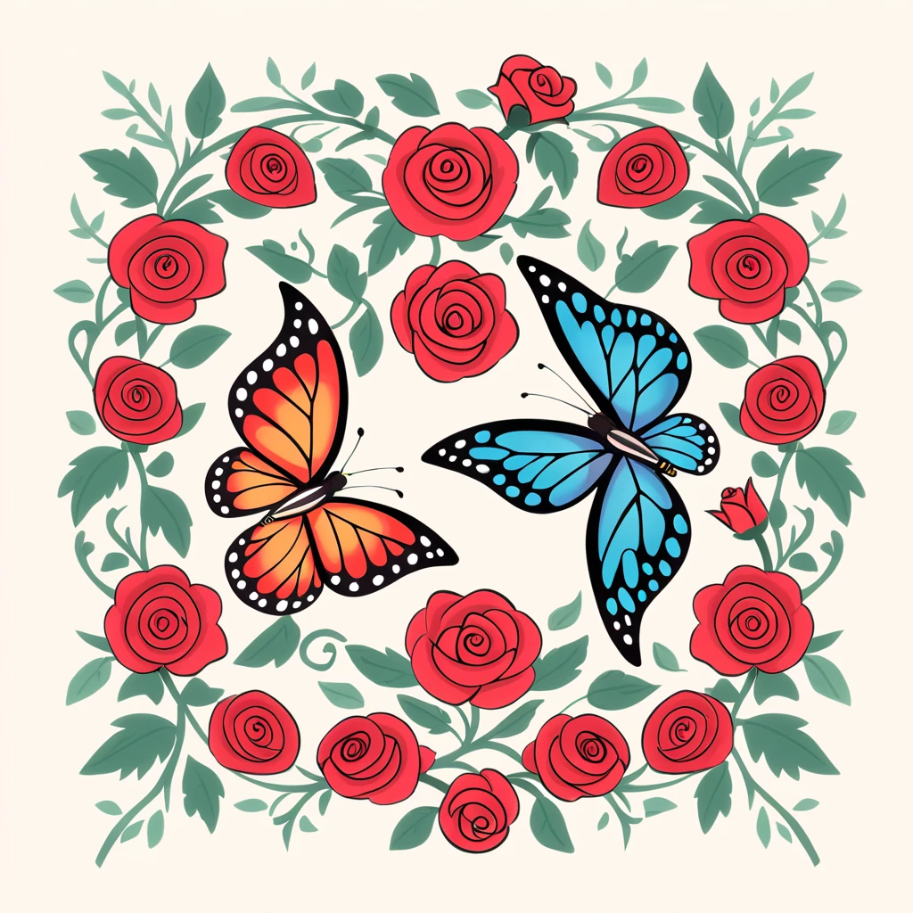 butterfly with rose wings in folk art style