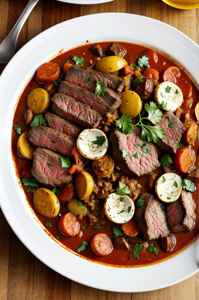 Steak with chorizo stew and rice