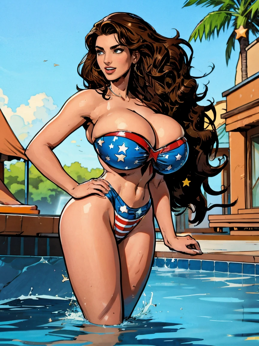 Gorgeous and sultry busty athletic (thin) laughing brunette with sharp facial features and a (big hair) and (huge , long legs) wearing a star-spangled bikini, Americana, swimming pool.