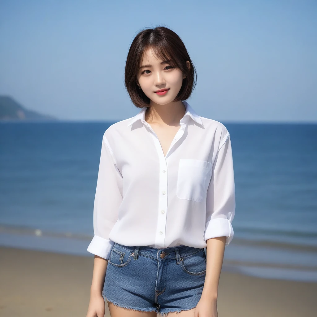 8K, Ultra-high resolution, Highest quality, masterpiece, Rule of thirds photography,Surreal, photograph, 1 Girl, (16 years old:1.3), pretty girl, Cute face, Beautiful eyes in every detail, 細かくdetailedに,masterpiece,, One Girl:1.2, Japan Female Announcer,Seaside,Girl taking a walk,（((White button-up long shirt))）、フィルムポートレートphotograph、One Girl、Expose your shoulders、Bob Cut Hair,Calm、whole bodyエズビアン、(Realistic detailedd eyes、Natural skin texture、Realistic facial details),Sexy pose、See through ,Bold Pose,Looking at the audience、beauty,Long neck、Laugh a little、Please close your mouth and laugh、(((Ideal body type))),F cup breasts :2,whole body、Perfect Anatomy、鮮明なdetailed、detailed、Surreal、Light and shadow,Strong light