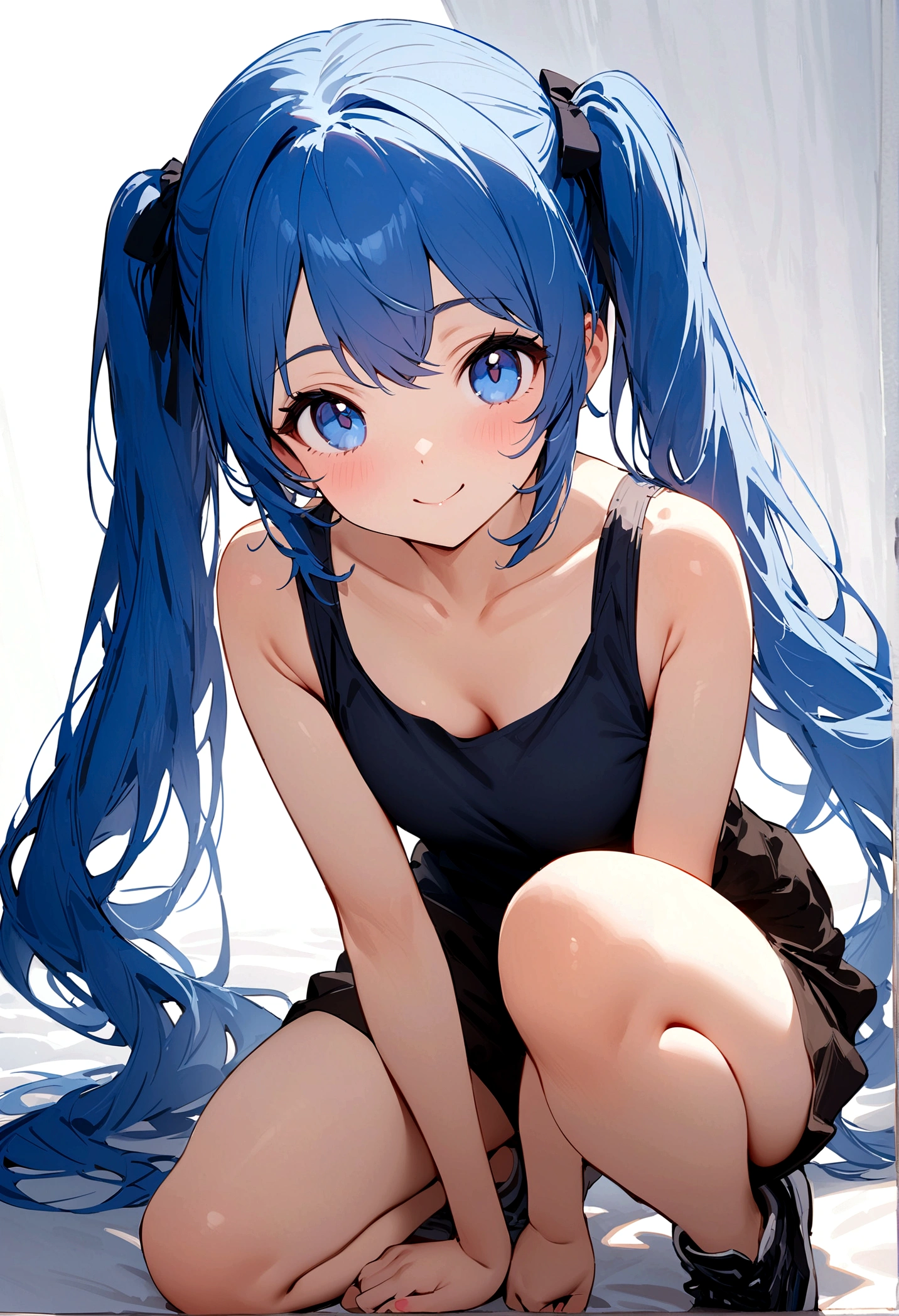 full body, (female): 1girl, (solo), (perfect face), (detailed outfit), (), beautiful female, smile (happy), blue hair, long hair, twintails hair, blue eyes, (tank top,), (white background), (masterpiece:1.4), (best quality), (ultra-detailed)