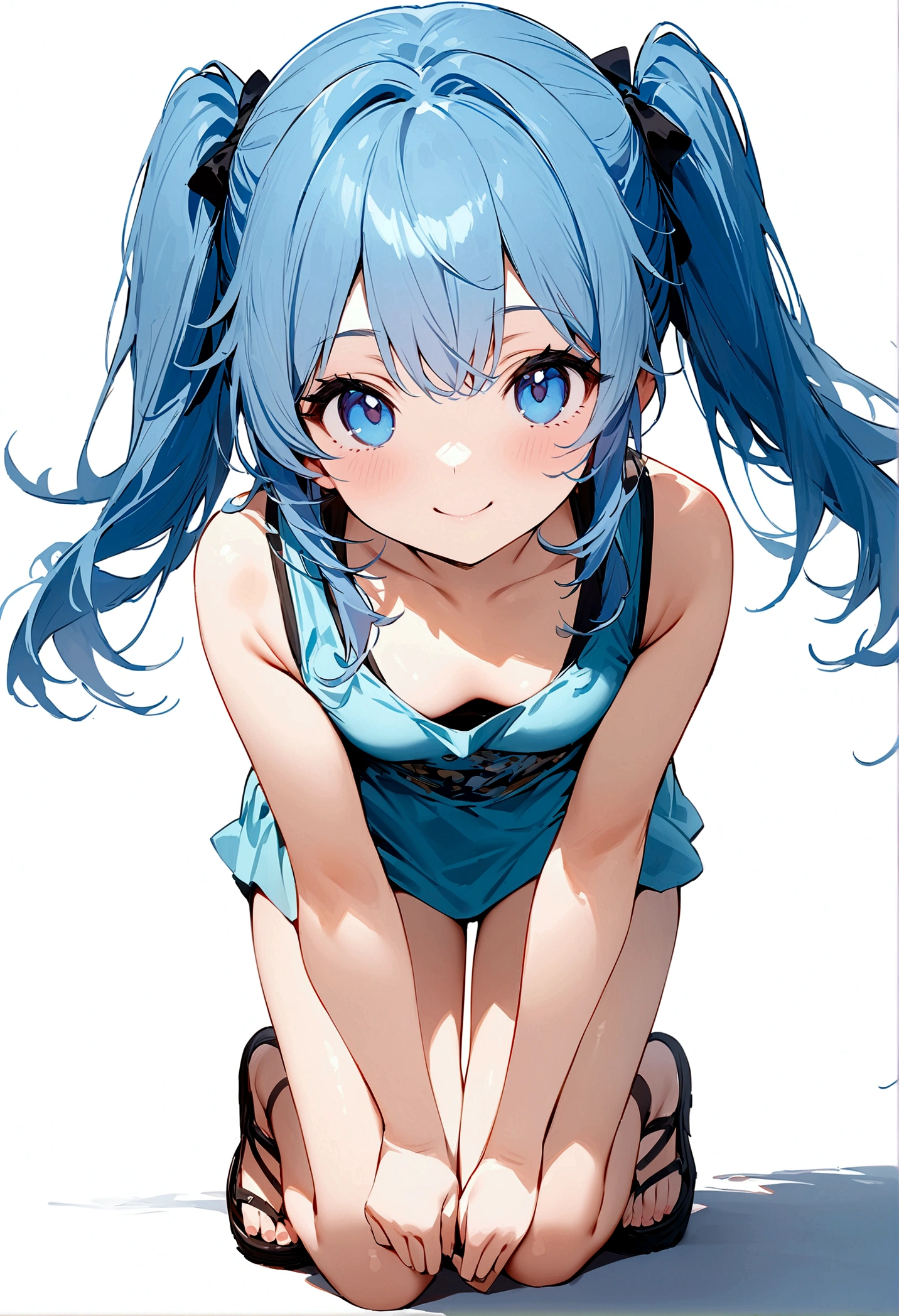 full body, (female): 1girl, (solo), (perfect face), (detailed outfit), (little girl), beautiful female, smile (happy), blue hair, long hair, twintails hair, blue eyes, (tank top,), (white background), (masterpiece:1.4), (best quality), (ultra-detailed)