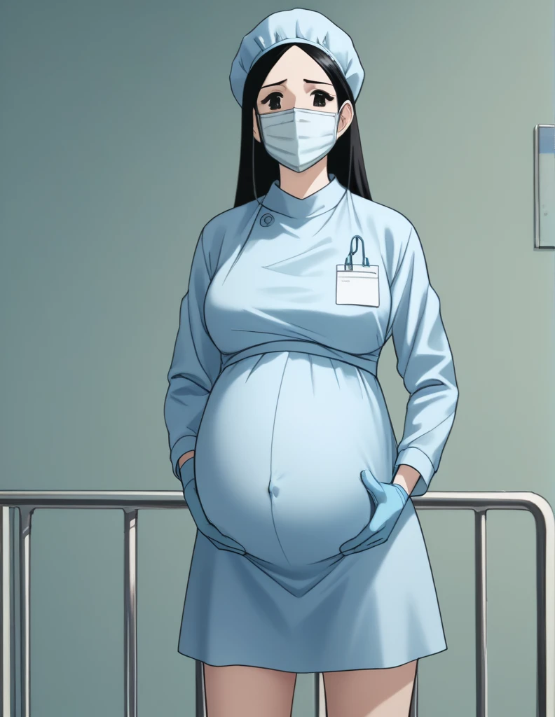 score_9,  score_8_up, score_7_up, source_anime, kasuganoray, pale skin, shy eyes, big breasts, long hair, scrubs, surgical mask, surgical cap, long sleeve maternity dress, apron without pockets, 
1girl, pregnant, solo, rubber gloves, looking down, furrowed brow, hospital bed, standing