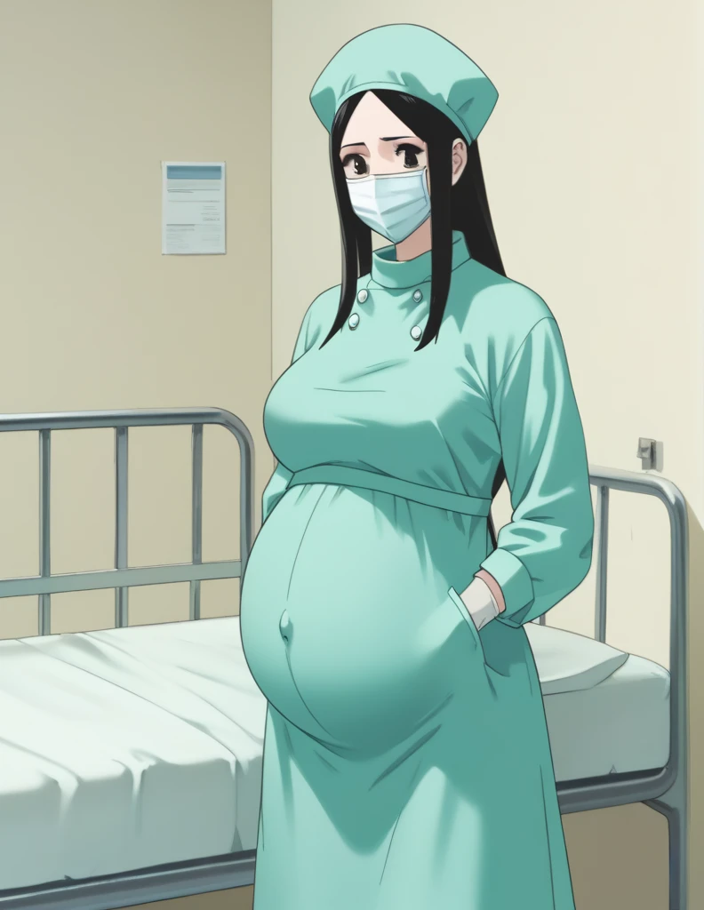 score_9,  score_8_up, score_7_up, source_anime, kasuganoray, pale skin, shy eyes, big breasts, long hair, scrubs, surgical mask, surgical cap, long sleeve maternity dress, apron without pockets, 
1girl, pregnant, solo, rubber gloves, looking down, furrowed brow, hospital bed, standing