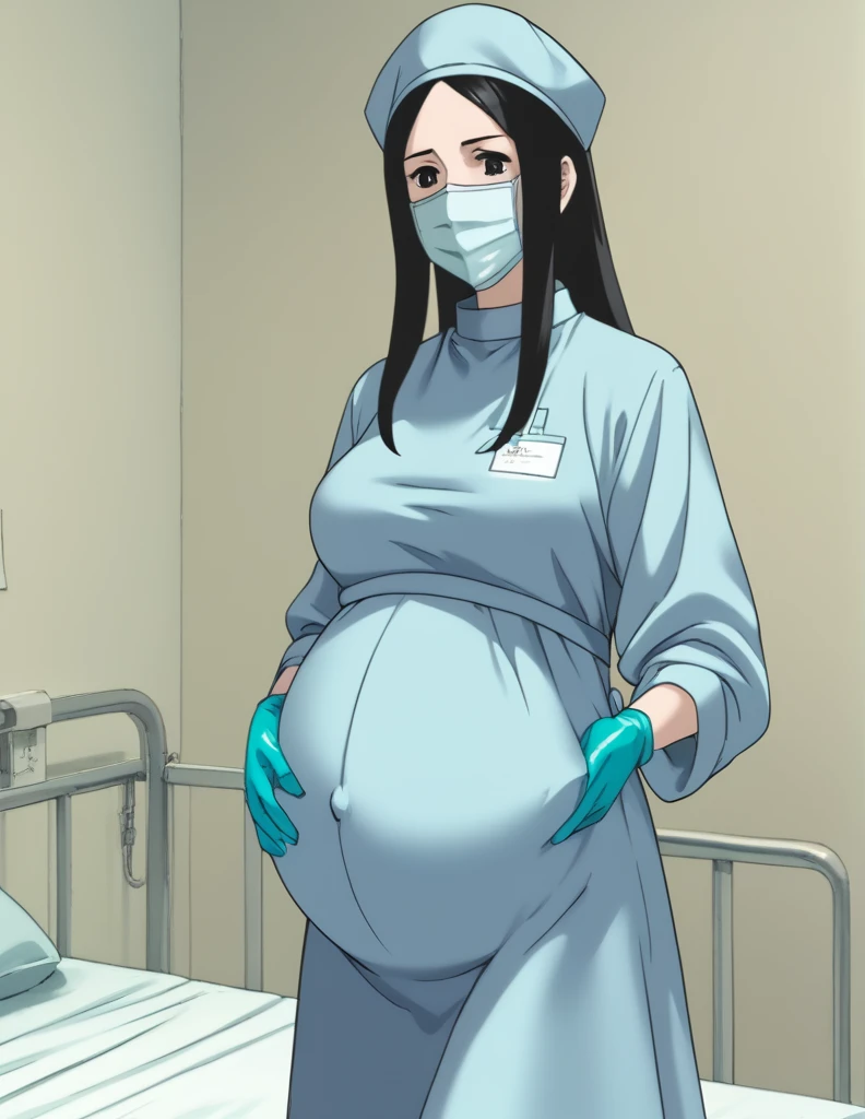 score_9,  score_8_up, score_7_up, source_anime, kasuganoray, pale skin, shy eyes, big breasts, long hair, scrubs, surgical mask, surgical cap, long sleeve maternity dress, apron without pockets, 
1girl, pregnant, solo, rubber gloves, looking down, furrowed brow, hospital bed, standing