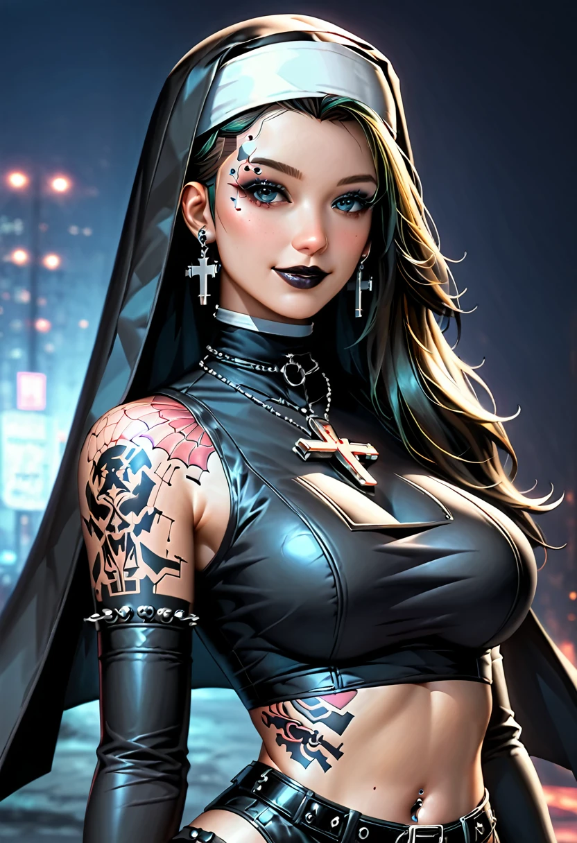 arafed nun with tattoos and cross on her hands, cyberpunk art inspired by rossdraws, Artstation, gothic art, cyberpunk nun warrior, ultra realistic concept art, orthodox cyberpunk, gothic art style, 8k high quality detailed art, gothic - cyberpunk, deviantart artstation cgscosiety, gothic tattoos, cyberpunk horror style, beautiful digital artwork, realistic concept art