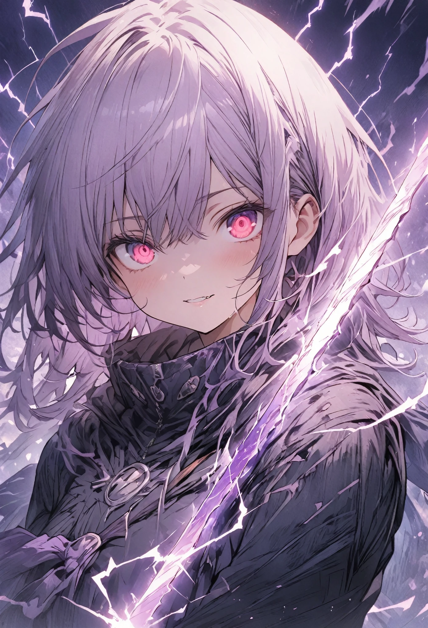 masterpiece, best quality, extremely detailed CG unity 8k wallpaper, A purple sword wrapped in lightning. It is very precisely made. An illustration of a cool girl holding an incredibly precise, high-definition, sharp, glowing sword. He is looking at you with big eyes and sharp eyes. wearing . The sword is tinged with a purple light and gives off a sense of evil. A three-dimensional illustration that gives you a sense of depth.