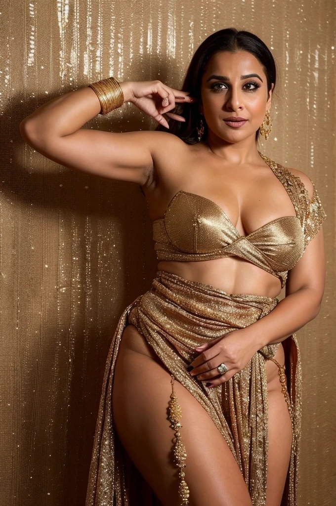 Vidya Balan,, a sultry curvy size MILF exhibitionist amorous lady with small breasts, poses elegantly in a stunning gold dress with a slightly shorter hem, revealing a little more of her pussy. The large canal between her two breasts remains partially covered by the bashful liquid glossy satin.