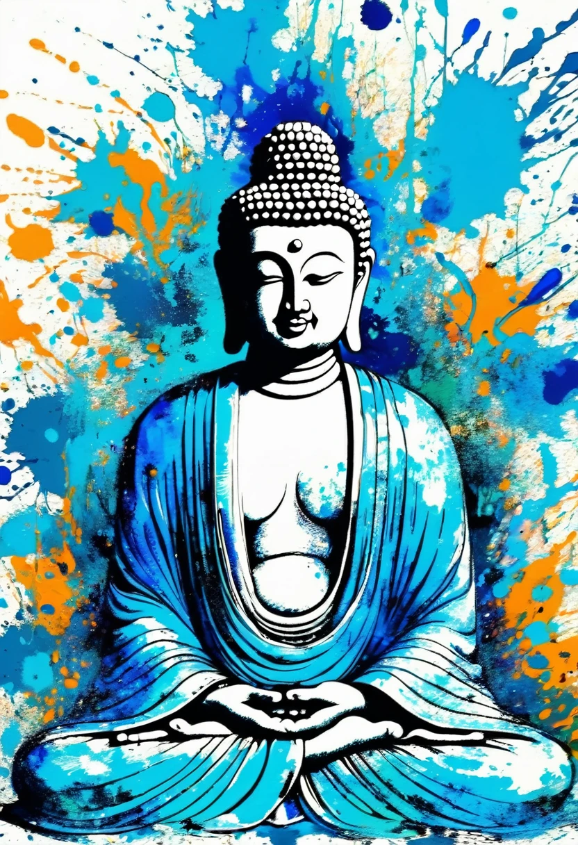 Doodle Art,Buddha wearing a hoodie、暴れるBlue Buddha、Ink splash,Wild and unrestrained,Splash ink painting,abstraction,colorful,Vague Dreams,Dynamic energy,Release Creation,Visual impact,Contemporary aesthetics,Elegant and simple,Modern Interpretation,Be bold,Blue Buddha、Blue Buddha