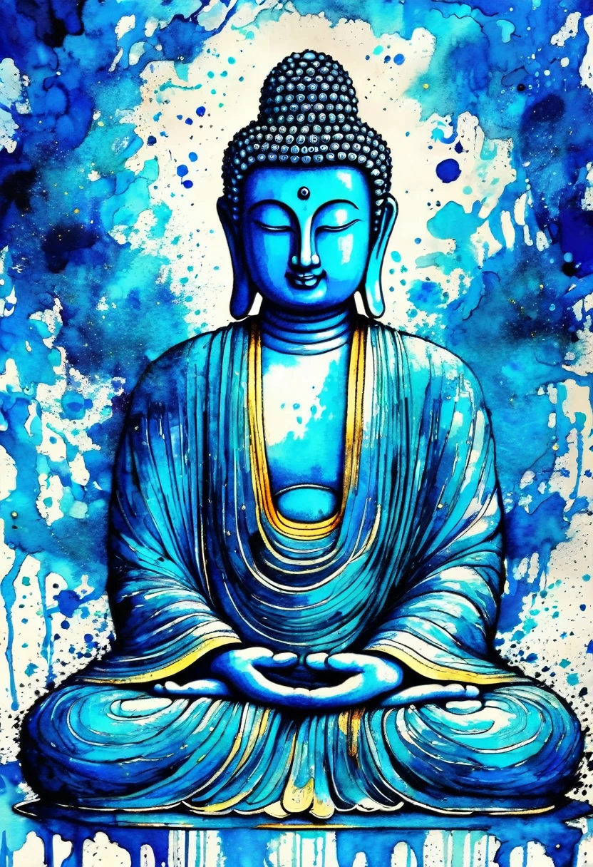 Doodle Art,Buddha wearing a hoodie、暴れるBlue Buddha、Ink splash,Wild and unrestrained,Splash ink painting,abstraction,colorful,Vague Dreams,Dynamic energy,Release Creation,Visual impact,Contemporary aesthetics,Elegant and simple,Modern Interpretation,Be bold,Blue Buddha、Blue Buddha
