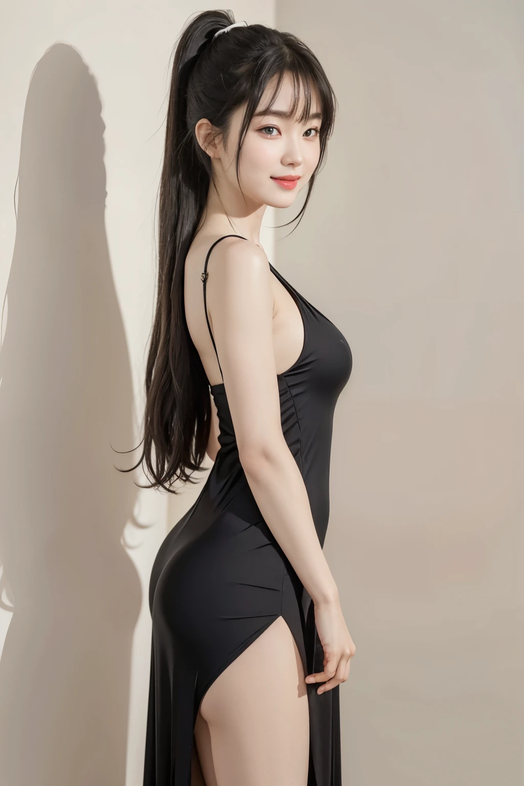 (Best quality, masterpiece, detailed), (RAW, 4k, hd images), 1 girl, 17 years old, white skin, long hair, ponytail, layers hair, bangs, black hair, beautiful girl, cute girl, sweet girl, pretty girl, perfect girl, perfect body, pretty eyes, blue eyes, thin lips, (eye line, lip soft), perfect round breast, simple background, smile, thigh, legs, black long dress, full body, standing facing camera, random angle capture