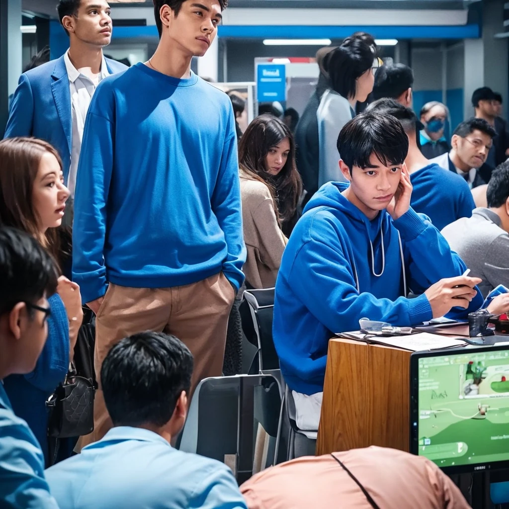 A detailed digital painting of a man representing the MBTI Consul (ESFJ) type. He is wearing a blue outfit, symbolizing his sociable and caring nature. The man has a troubled expression, showing signs of stress or concern. The background should be subtle, focusing on his emotional state. Include elements that indicate he is overwhelmed by social expectations or the needs of others, such as a crowded room or people seeking his help.