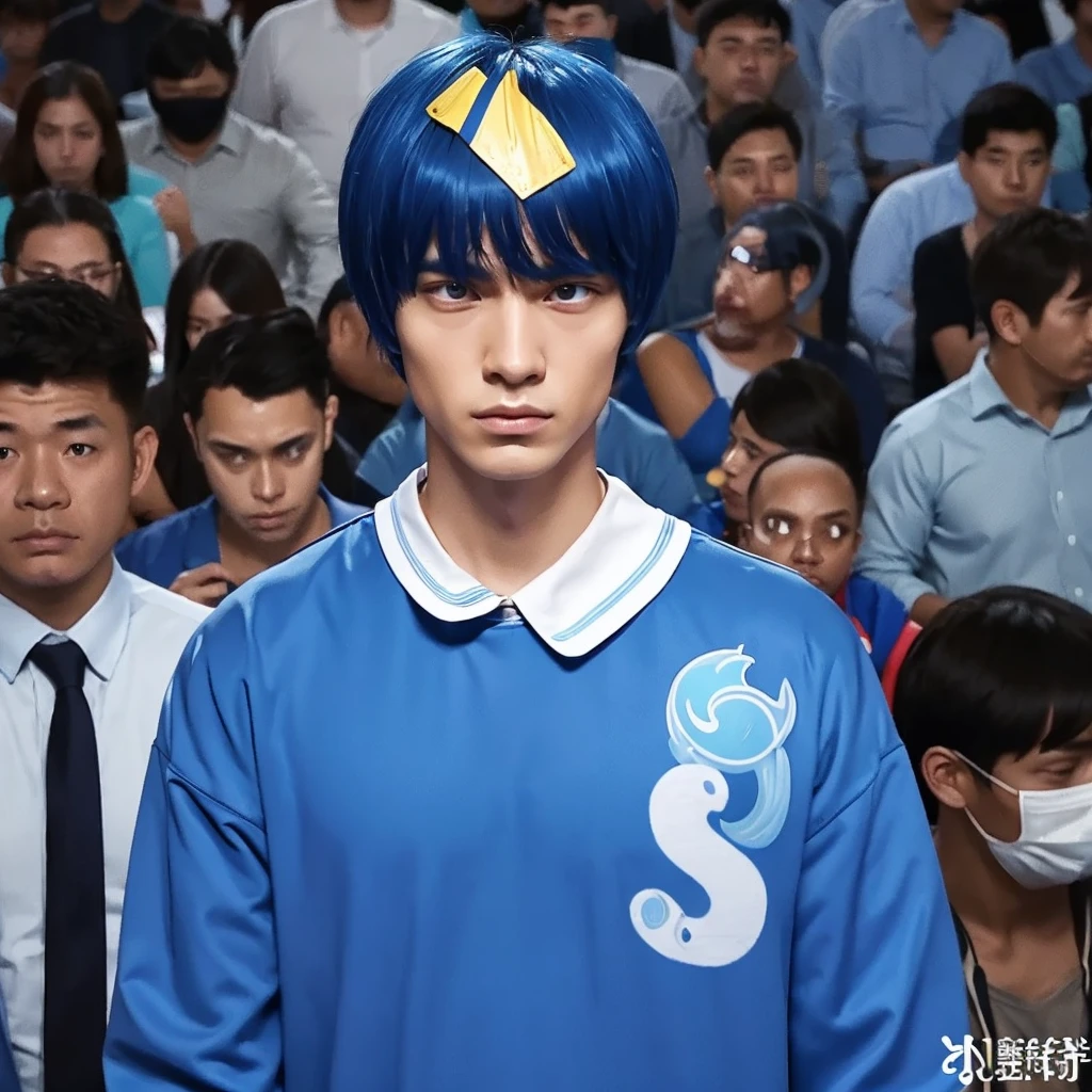 A detailed digital painting of a man representing the MBTI Consul (ESFJ) type. He is wearing a blue outfit, symbolizing his sociable and caring nature. The man has a troubled expression, showing signs of stress or concern. The background should be subtle, focusing on his emotional state. Include elements that indicate he is overwhelmed by social expectations or the needs of others, such as a crowded room or people seeking his help.
