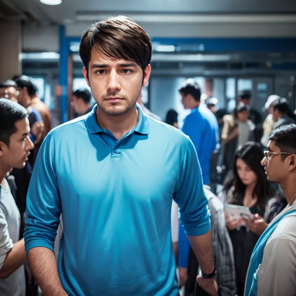 A detailed digital painting of a man representing the MBTI Consul (ESFJ) type. He is wearing a blue outfit, symbolizing his sociable and caring nature. The man has a troubled expression, showing signs of stress or concern. The background should be subtle, focusing on his emotional state. Include elements that indicate he is overwhelmed by social expectations or the needs of others, such as a crowded room or people seeking his help.
