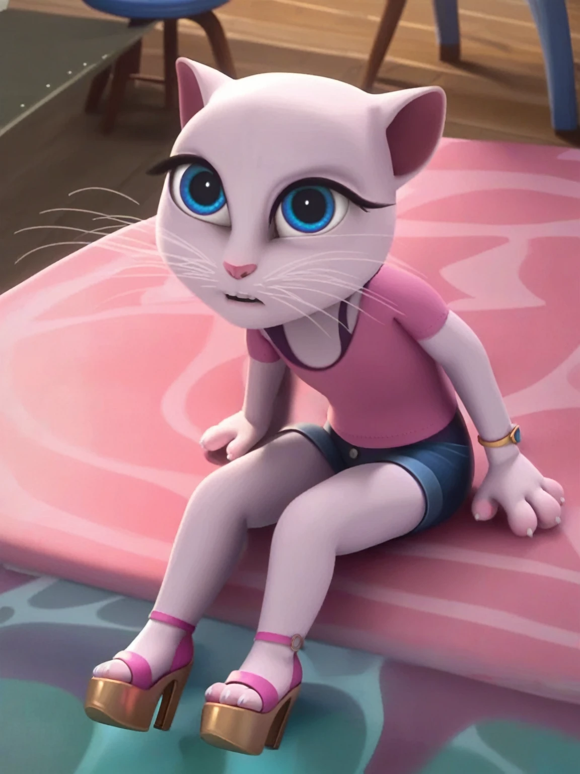 olo focus, a_la, 1girl, cat, white fur, long whiskers on both sides of the face, big bright blue eyes, big black eyelashes, small pink nose, triangular ears with pink channels, small breasts, short jeans lying flat on the ground facing the viewer with feet together looking, sitting penis, front view, legs together fucking, platform high heels, score_9, score_8_up, score_7_up