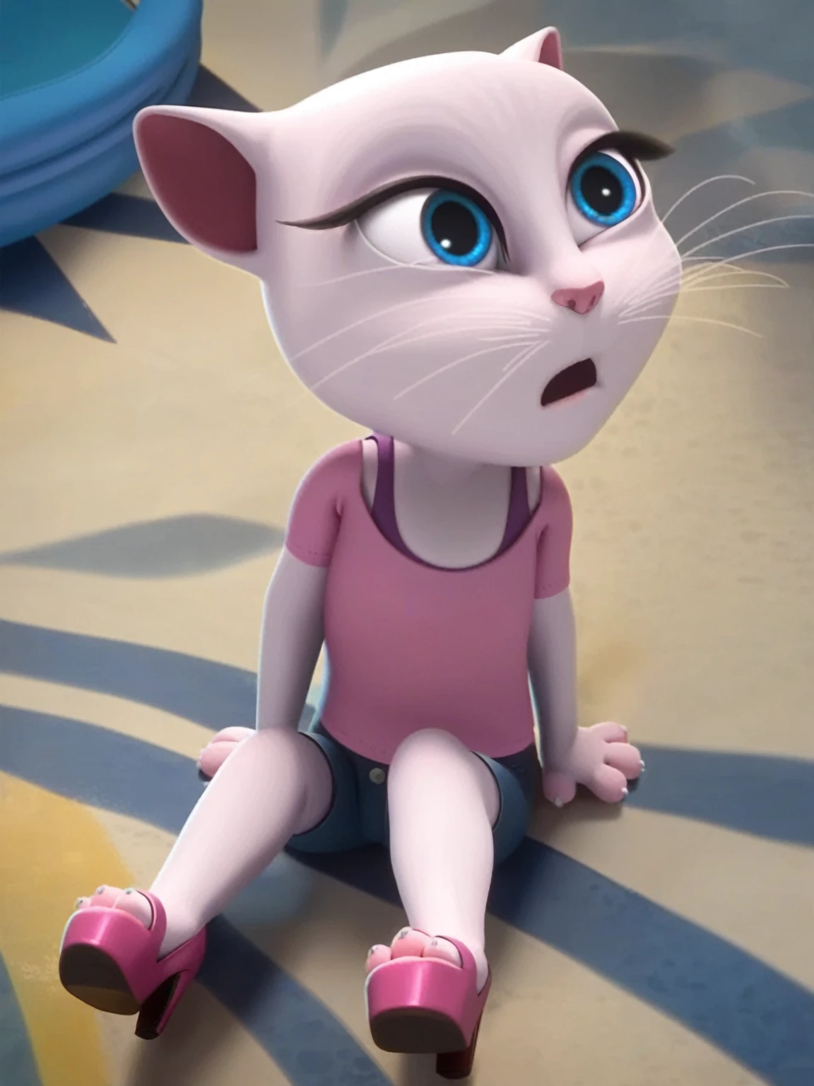 olo focus, a_la, 1girl, cat, white fur, long whiskers on both sides of the face, big bright blue eyes, big black eyelashes, small pink nose, triangular ears with pink channels, small breasts, short jeans lying flat on the ground facing the viewer with feet together looking, sitting penis, front view, legs together fucking, platform high heels, score_9, score_8_up, score_7_up