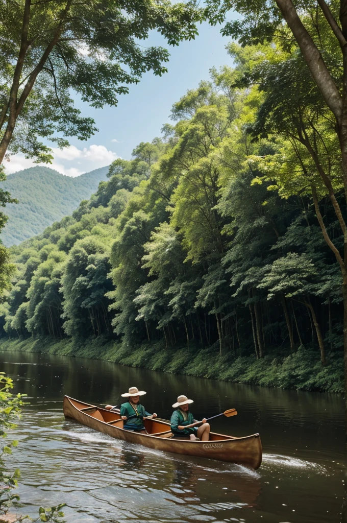 A big forest.  There is a big river on the side of that forest.  Two animals are rowing in a canoe through the river.