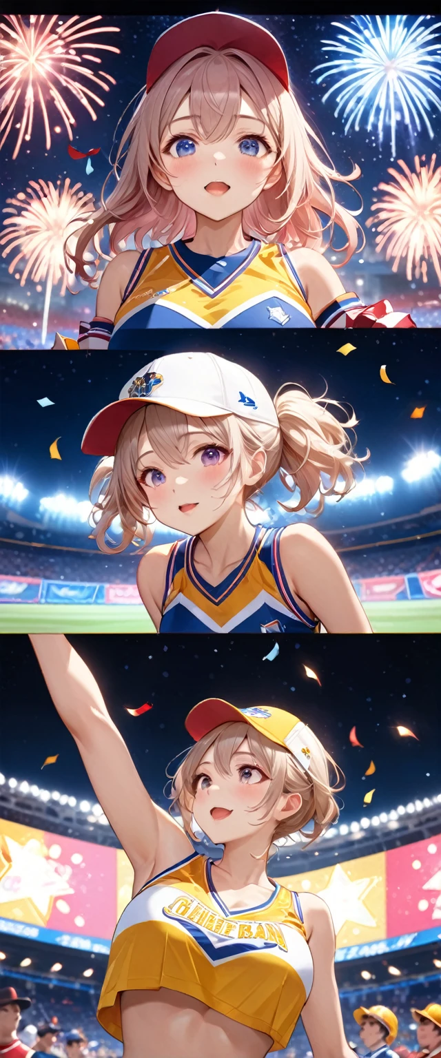 Highest quality, Super quality, 16K, Incredibly absurd, Very detailed, 2.5D, delicate and dynamic, baseball Ground, stand, Colorful Stage, Tiny faint lights and flying confetti, night, Starry Sky, firework, Electronic bulletin board, , , Small face, Extremely delicate facial expression, Delicate eye depiction, Upper body close-up, erotic, sole sexy lady, healthy shaped body, 22 years old lady, Cheerleader, 170cm tall, huge firm bouncing busts, 色鮮やかなCheerleaderのコスチューム, A complex costume, baseball cap, long socks, sports shoes, support, cheer leading, Fox Dance