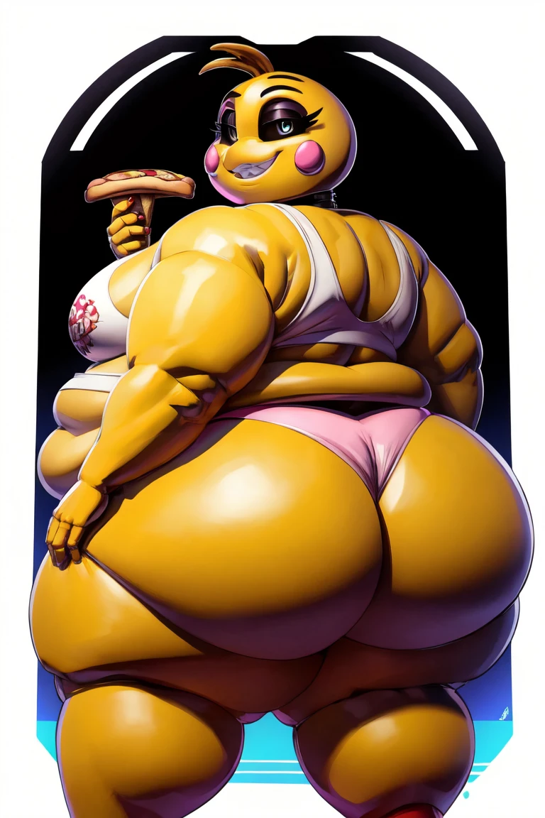 Chica from Five Nights at Freddy's, ((insanely big thighs)), ((fat rolls)), ((gigantic hips)), massive lower body, (thighs several times wider than body), thighs occupy lower half of frame, ((massive thighs)), ((ssbbw)), ((obese)), plain pink panties, back turned to viewer, looking at viewer, (entire pizza in hand), bent over, ((insanely obese butt)), booty, black sclera, white pupils, (smirk), ((incredibly wide booty))