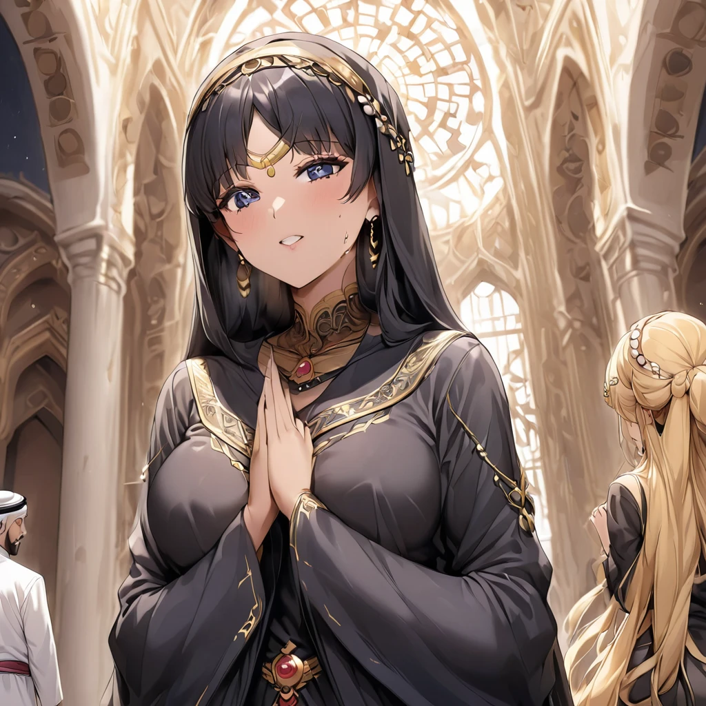 ((Highest quality)), ((masterpiece)), (detailed), （Perfect Face）、The woman is wearing a black chador、The woman is Tsukino Usagi, a devout Muslim., Arab with bright brown skin, In an Islamic prayer hall、金の刺繍が施された豪華なWearing a black chador。, A gorgeous black chador drapes her securely., Gorgeous hair ornament, Gorgeous jewellery and engagement rings. The woman and the man are in a luxurious palace, And the woman、Wearing Arab national dress、In an Islamic prayer hall with a dignified bearded middle-aged Arab Muslim man。.、The woman is the elegant Tsukino Usagi, Her long blonde hair was tied in twin tails, Wearing a black chador. She is a devout Muslim Arab with vibrant brown skin.。.、（The woman was named Tsukino Usagi.、He is a dark-skinned Arab and a devout Muslim.。.）