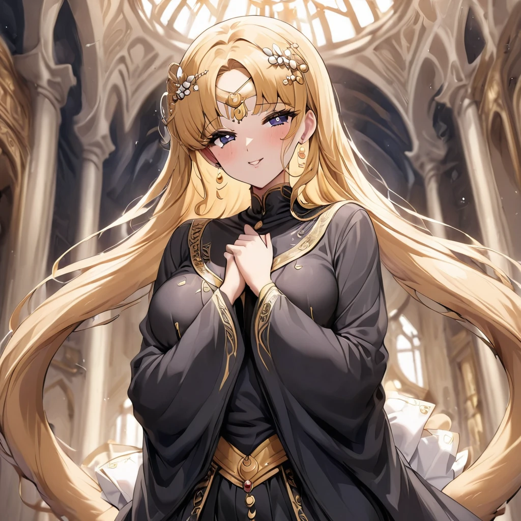 ((Highest quality)), ((masterpiece)), (detailed), (Perfect Face)、Women must wear black hijabs and niqabs、The woman is Tsukino Usagi, a devout Muslim., Arab with bright brown skin, In an Islamic prayer hall、She wears a gorgeous black abaya with gold embroidery.。, A gorgeous black hijab and niqab tightly covers her head, Gorgeous hair ornament, Gorgeous jewellery and engagement rings. The woman and the man are in a luxurious palace, And the woman、Wearing Arab national dress、In an Islamic prayer hall with a dignified bearded middle-aged Arab Muslim man。.、The woman is the elegant Tsukino Usagi, Her long blonde hair was tied in twin tails, Black abaya and、She is wearing a gorgeous, skin-tight black hijab and niqab.. She is a devout Muslim Arab with vibrant brown skin.。.、(The woman was named Tsukino Usagi.、He is a dark-skinned Arab and a devout Muslim.。.)