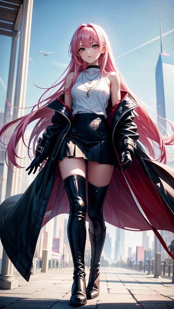 ultra quality, young woman, high, bright skin, pink hair,loose hair,long hair,t-shirt,strappy, slim, topic, skirt,Delete,coat,thigh high boots,black boots, white eyes, Autumn, bracelets, park, Height,piquancy,Exquisitely,long gloves,to the elbow,open shoulders,necklace, for the whole growth. 
