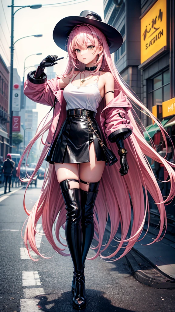 ultra quality, young woman, high, bright skin, pink hair,loose hair,long hair,t-shirt,strappy, slim, topic, skirt,Delete,coat,thigh high boots,black boots, white eyes, Autumn, bracelets, park, Height,piquancy,Exquisitely,long gloves,to the elbow,open shoulders,necklace, for the whole growth.